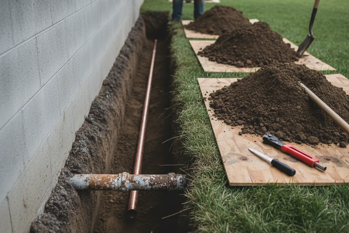 Excavated water line trench during Water Heater Repair in Ballico